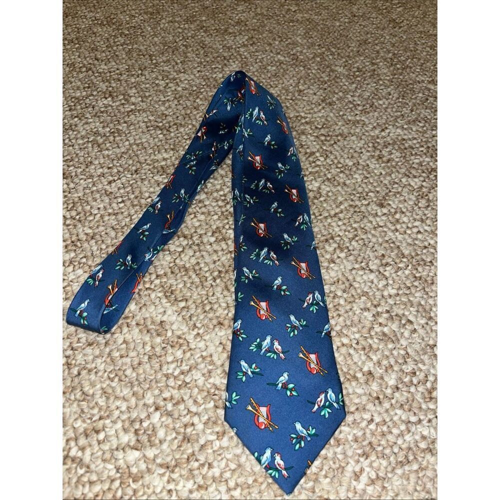 Hermes Blue Silk Tie Birds & Musical Instruments 7593 SA France Vtg Classic 90's